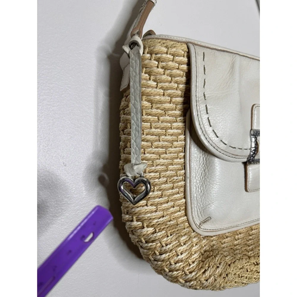 Brighton Woven Straw & Ivory Leather Shoulder Bag Buckle Accent Heart Charm